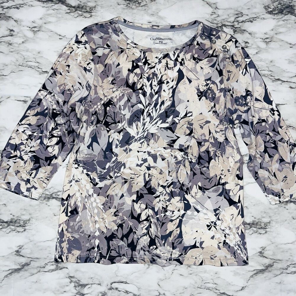Croft & Barrow Floral Top Women PM Petite White Taupe 3/4 Sleeve Blouse